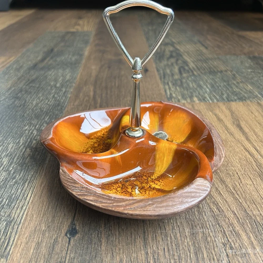 Vintage MCM Sequoia Ware Orange Drip 3 Section Nut Candy Dish #618